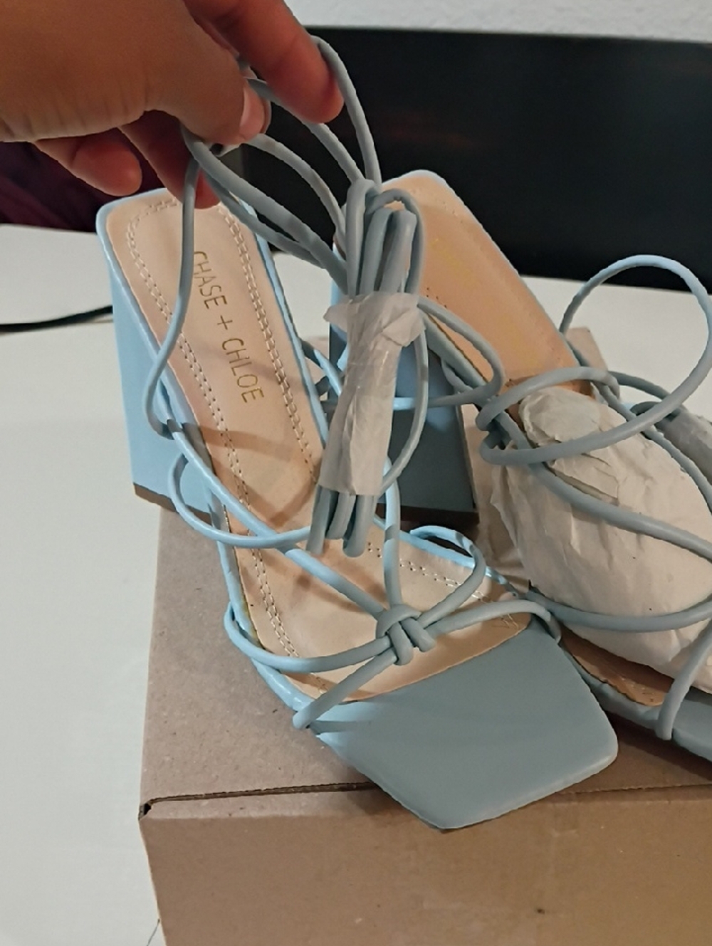 Chase + Chloe Pale Blue Lace-Up Block Heel Sandals